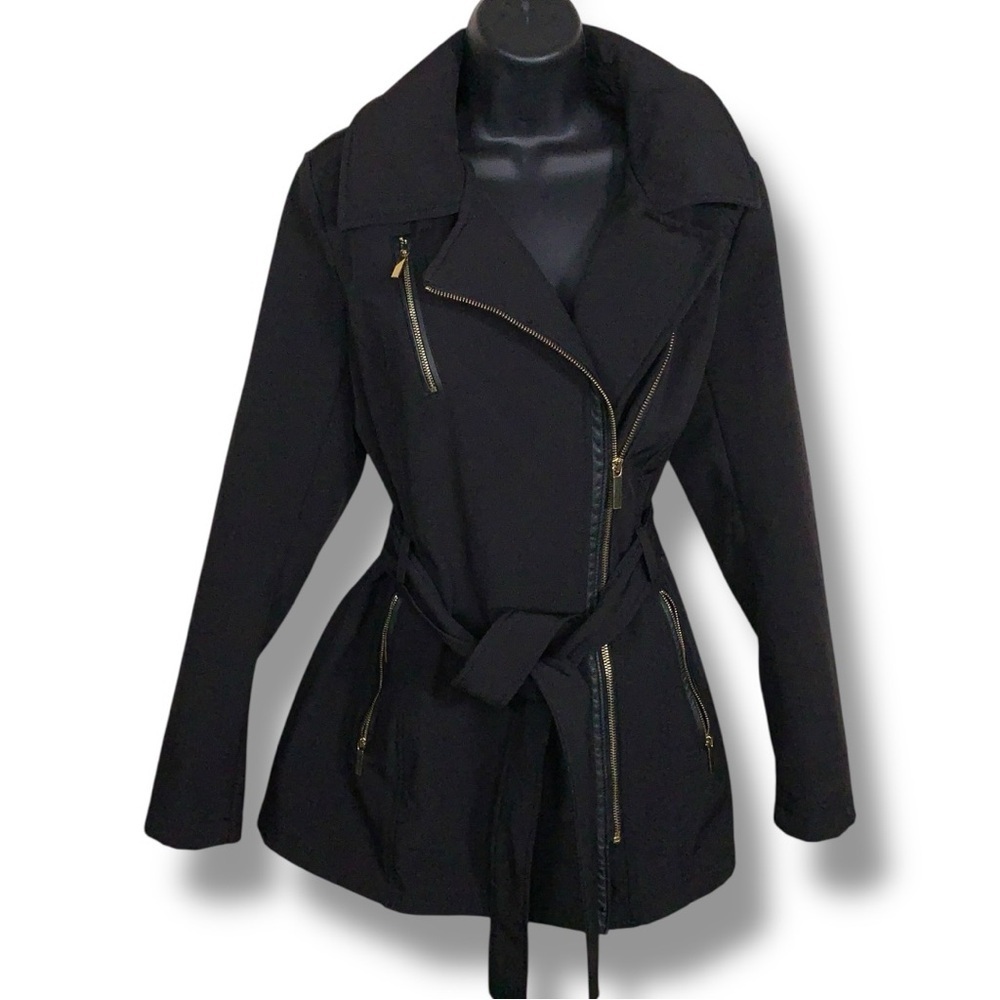 Small Avanti Black Belted Jacket Gold Zippers Faux Leather Trim Collar Lined